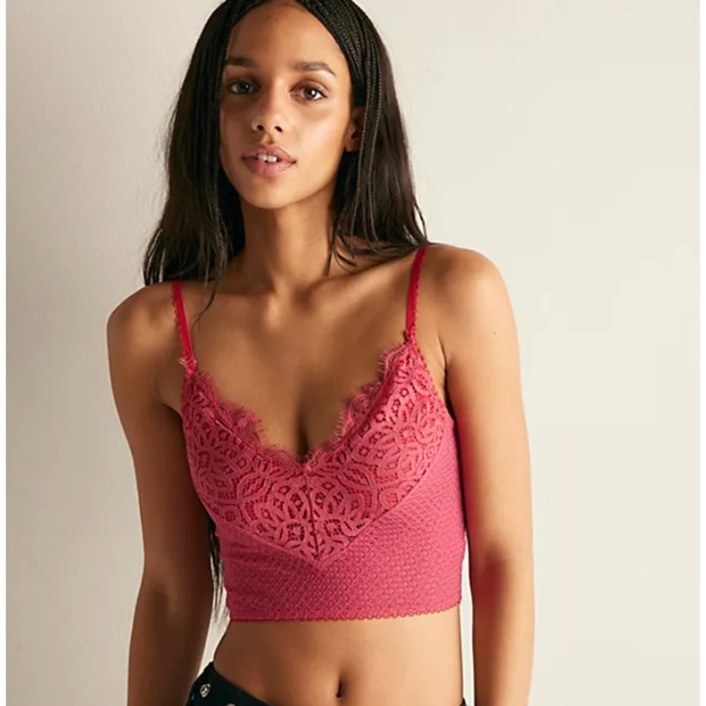 Free People Pink Lace Cropped Camisole Bralette V-Neck Adjustable Strap XS NWT